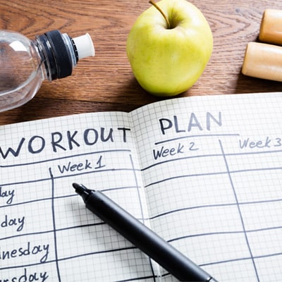 workout plan, apple, water bottle